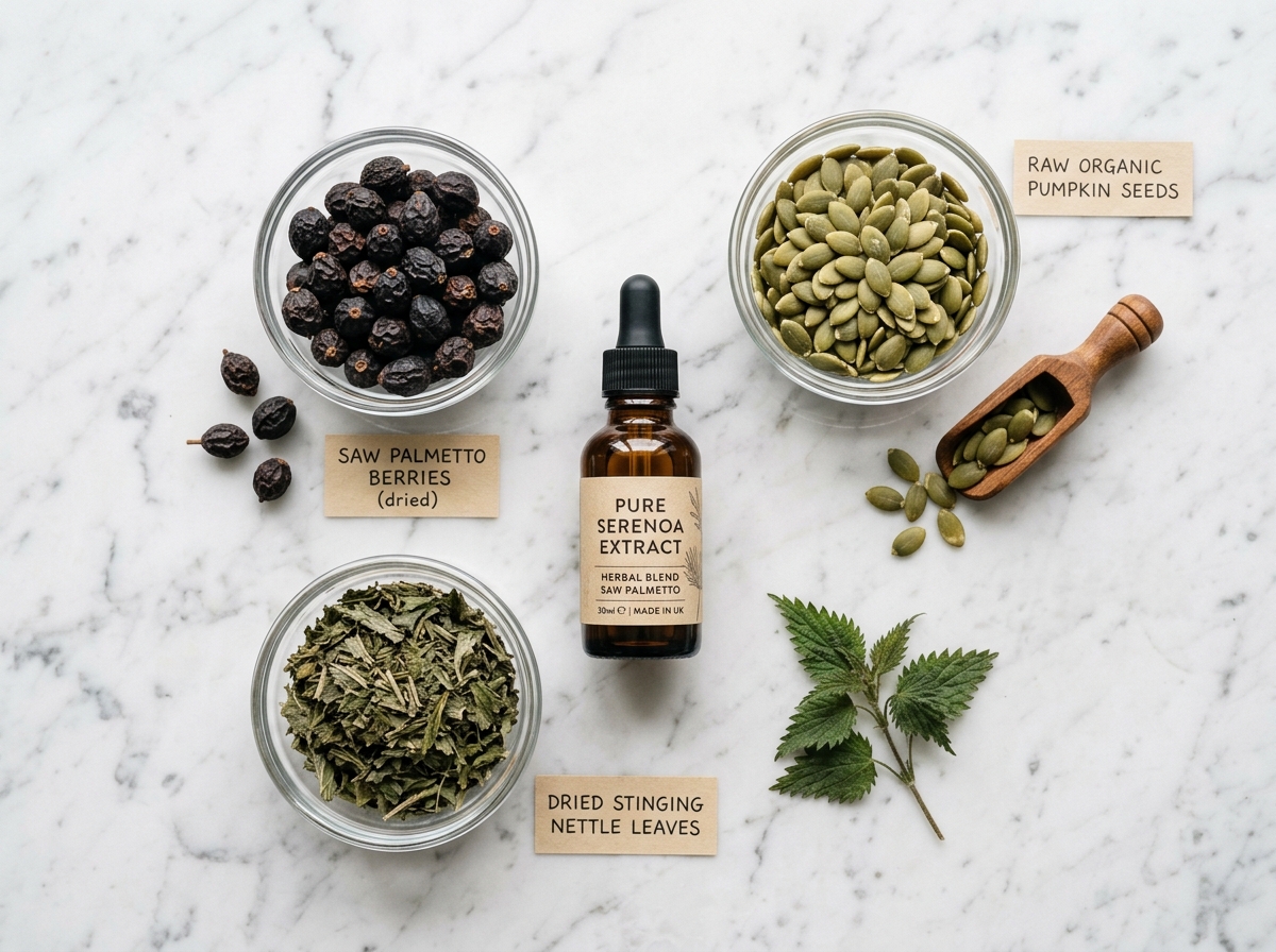 Botanical extracts for prostate health including Saw Palmetto berries, pumpkin seeds, and nettle leaf on marble