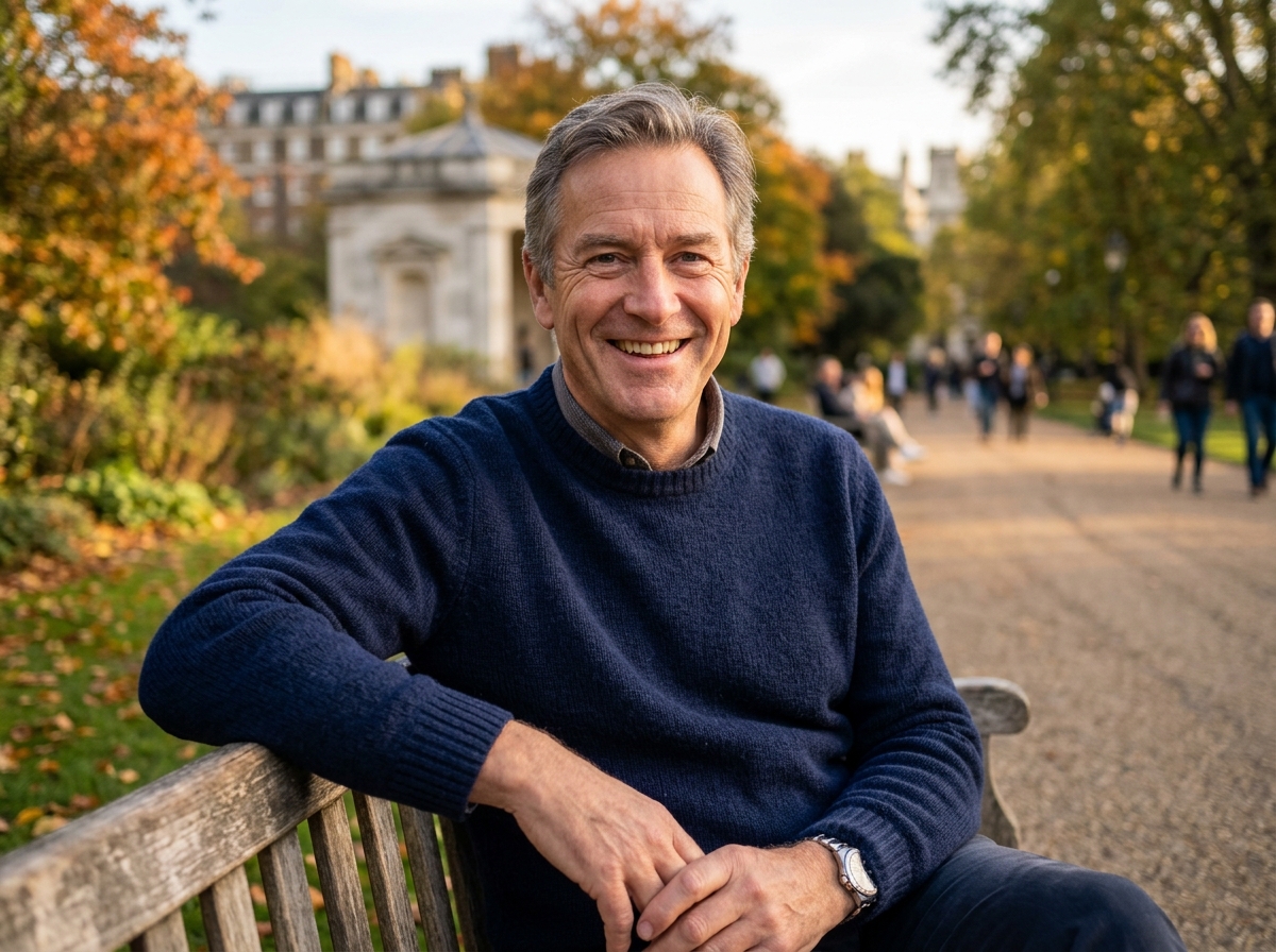 Active mature British gentleman enjoying robust health and peace of mind outdoors in London