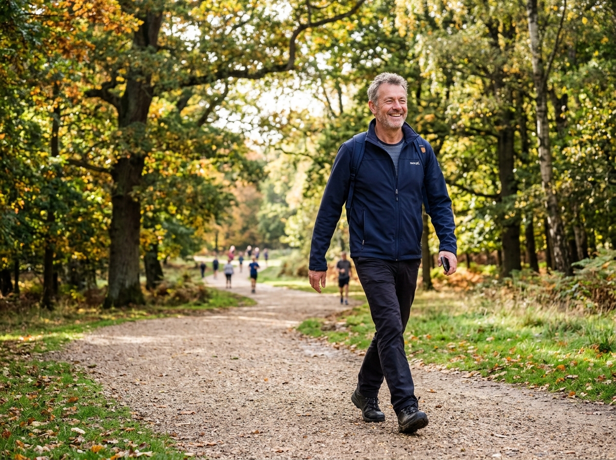 Mature man walking energetically in a London park, smiling and vibrant